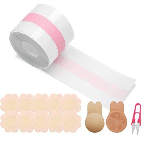 Soutien Gorge à Bande de Seins Transparent,Bande de Poitrine Adhésive Respirant Breast Lift Tape Scotch pour Poitrine Imperméable Résistant avec 5 Paires Couvre-tétons pour Bonnet A-E Gros Seins Cover