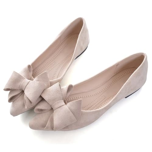 Stunner Womens Bowknot Flower Ballet Flats Pointed Toe Soft Dress Shoes Apricot 39(7) 2