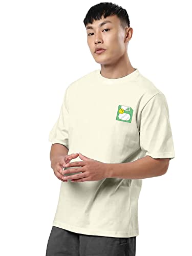 Image of Veirdo Men's Cotton Loose Oversize Baggy Fit Drop Shoulder Cool and Stylish Pocket Floppy Print Design Half Sleeve Beige T-Shirt