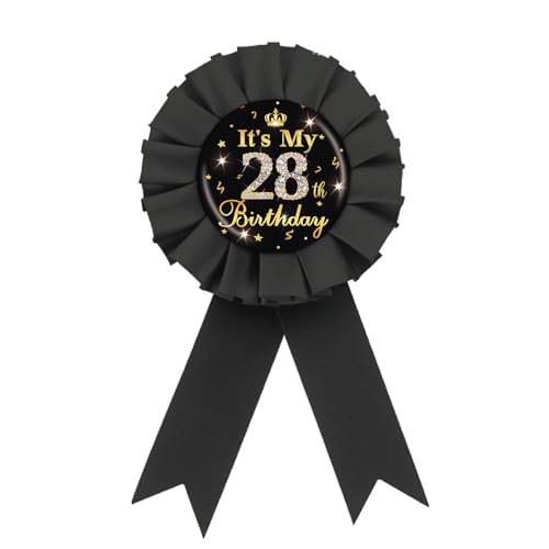 Image of It's My 28th Birthday Tinplate Badge Pin, Gold Diamond Happy 28th Birthday Button Pin, Twenty Eight Birthday Black Rosette Award Ribbon Pin for Women, Brooch Buttons for 28 Years Old Birthday Party Decoration