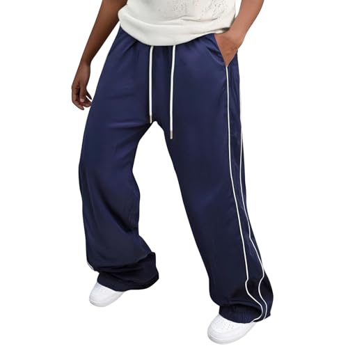 Track Pants Men Side Striped Baggy Wide Leg Parachute Pants Streetwear Elastic Waist Lounge Pants with Pockets4