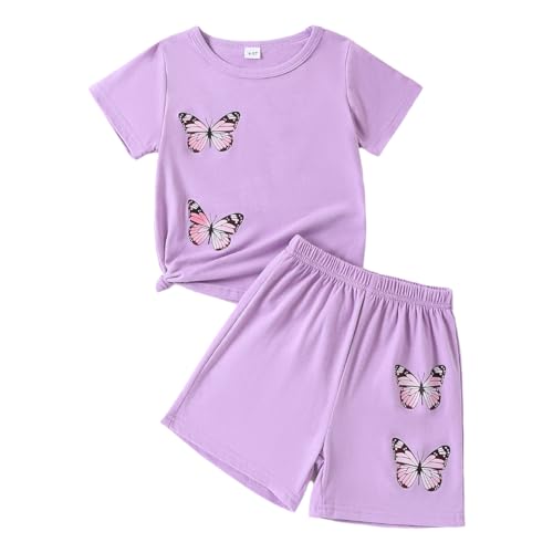Image of Kid Toddler Girl Butterfly Printed Short Sleeve T-Shirt + Waist Shorts Set 2PC Clothing For Summer