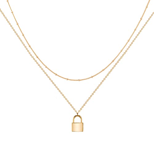 Jenosy Dainty Love Lock Necklace for Women Personalised Love Lock Pendant Necklace 18K Gold Plated Necklace Adjustable Choker Necklace Layered Gold Chain Necklace Trendy Party Jewellery Gift