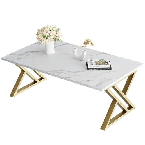 Wolawu Coffee Table Living Room Table White Center Table, Simple Modern Faux Marble Rectangular Tea...