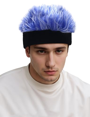 AIEOE Herren Perücke mit Mütze Neuartige Strickmütze mit Kurzen Haare Weiche Innenseite Haubenperücke Blau