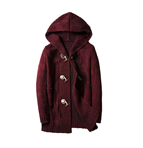 Cardigan d'hiver long en tricot homme à capuche bordeaux veste longue ajustée XXXL