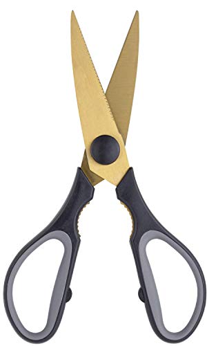 Juno Range (Gold, Scissors) - Heavy Duty Kitchen Scissors - Super Hard Titanium Coated. Soft Grip, Dishwasher Safe, Multipurpose, Utility Food Cooking Snips, Bottle Opener. 20cm/8”