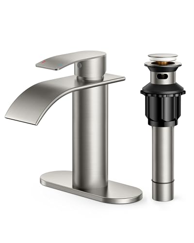 FORIOUS Waterfall Bathroom Faucet 1 Hole, Brushed Nickel Single Handle Bathroom Sink Faucets for 1 or 3 Hole with Deck Plate, Metal Pop up Drain, cUPC Hoses for Vanity, Basin, Rv, Lavatory Sink