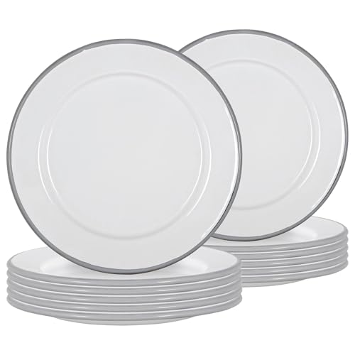 Argon Tableware Enamel Side Plates - 20cm (8inch) - Grey - Set of 12 Small Dish Coloured Rim Dessert Plates Metal Enamel Tableware Dinner Set for Kitchen, Dining, Serving, Camping & Outdoor Use