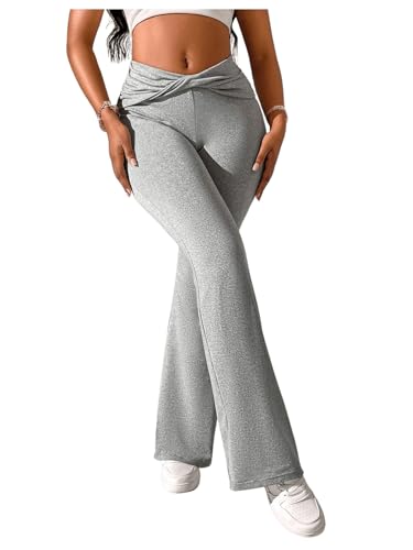 OYOANGLE Women's Twist Front Elastic High Waist Flare Pants Skinny Casual Workout Bell Bottoms Trousers