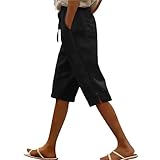 AKTCVVJ Linen Capris for Women Drawstring Waist Casual Knee Length Shorts Workout Outdoor Cotton Capris with Pockets Black