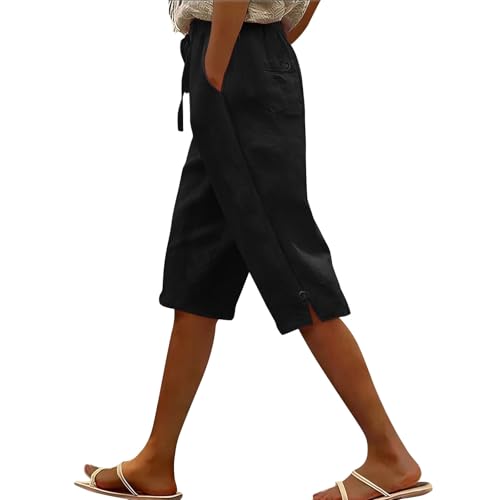 AKTCVVJ Linen Capris for Women Drawstring Waist Casual Knee Length Shorts Workout Outdoor Cotton Capris with Pockets Black