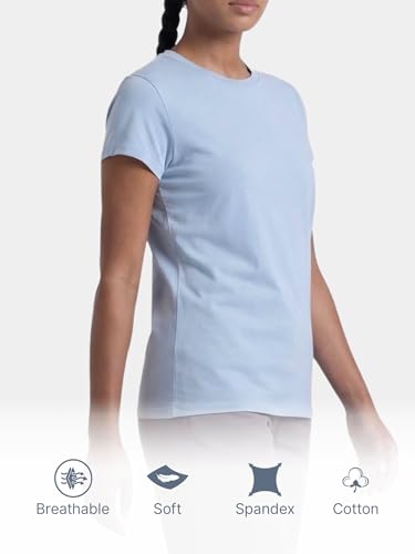Image of Enamor Short Sleeve Crew Neck Regular Length Basic Crew T-Shirt for Women - Slim Fit, Soft and Breathable Stretch Cotton - E047