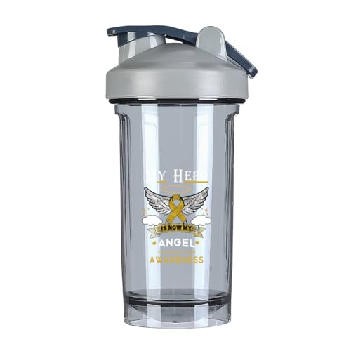 My Hero Is Now My Angel Childhood Cancer Awareness 18 Ounce Shaker Bottle Drink Mixer Leak-proof Pre Workout Protein Shakes Meal Replacement Shakes Bottles 500ML/18 Oz Gray