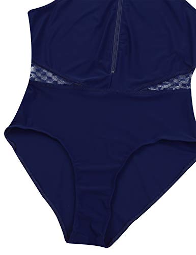 winying Womens High Neck Sleeveless Mesh Splice Front Zippered Ballet Dancewear Leotard Gymnastics Bodysuit Navy_Blue Small - Thumbnail 7