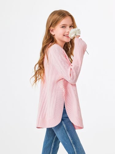 Haloumoning Girls Oversized Sweater Kids Fashion Batwing Sleeve Cable Knit Sweaters with Side Slit 5-14 Years3