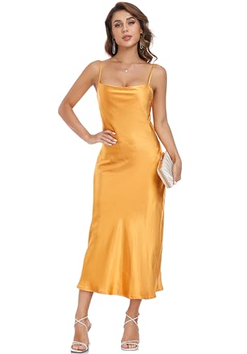 Image of Women's Spaghetti Strap Midi Satin Silk Dresses Slip Cowl Neck Party Cocktail Evening Sexy Dress