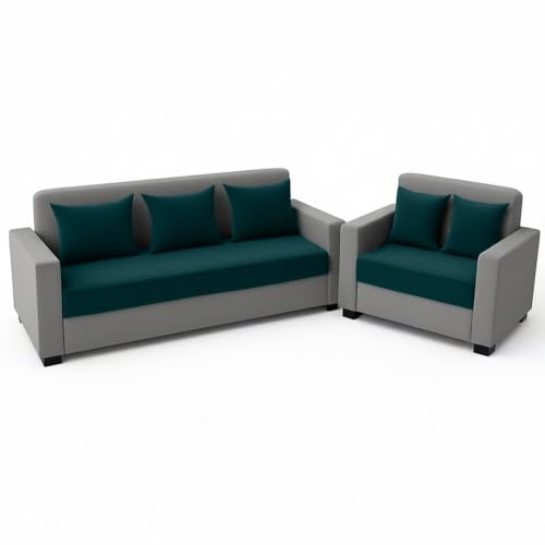 Image of FURNY Lexon 5 Seater Fabric 3+2 Sofa Set (Greenish Teal-Light Grey) Premium Velvet Finish | Durable & Comfortable | Ideal for Office & Living Room