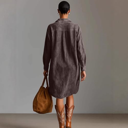 Image of Womens Faux Suede Western Vintage Midi Dress, Long Sleeve Lapel Deep V Neck Fall Winter Velvet Retro Style Dress