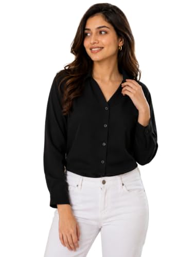 Image of FUNDAY FASHION Women Solid Regular Fit V Collered Casual Shirt