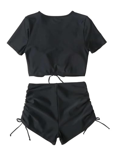 Lilosy High Waisted Tummy Control Drawstring Bikini Set Srting Swimsuit Short Sleeve Top and Tie Side Shorts 2 Piece3