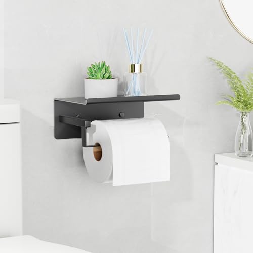 Black Toilet Roll Holder Wall-Mounted - Toilet Roll Holder Self Adhesive, Toilet Roll Holder Black, Toilet Paper Holder, Stick On Toilet Roll Holder, Toilet Roll Holder With Shelf, Stainless Steel - Image 3
