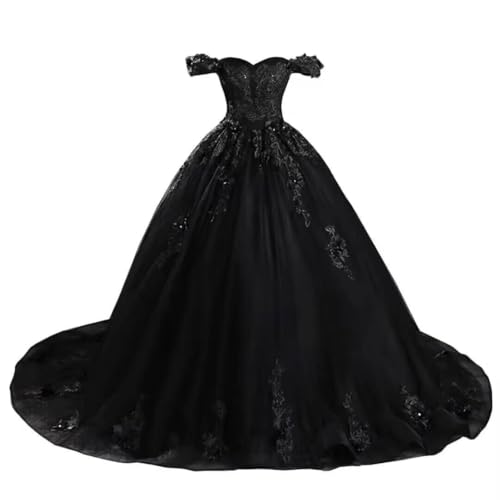 Image of Mouccy Gothic Lace Black Wedding Dresses for Bride Off Shoulder Bridal Gowns with Train Long Tulle Wedding Ball Gowns