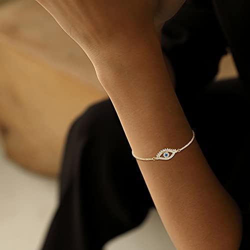 Kakonia 18K Gold Plated Evil Eye Bracelet for Womens Dainty Simple Handmade Bracelet Adjustable Slider Chain Bracelets Evil Eye Jewellery Gift