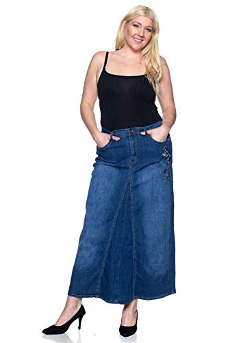 Women's Plus Size Mid Rise A-Line Long Jeans Maxi Denim Embroidered Skirt4