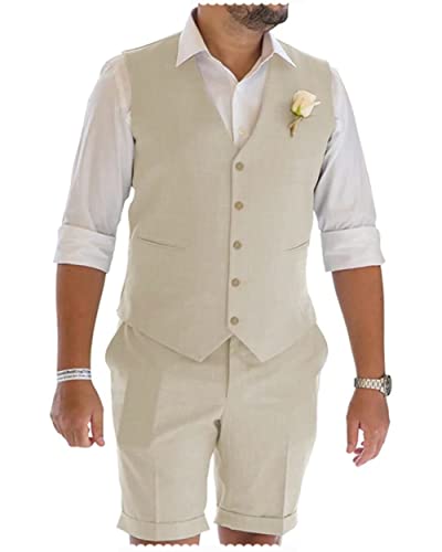 Groomsmen Linen Suit Vest 2 Pieces Wedding Summer Beach Waistcoat Shorts Sets2