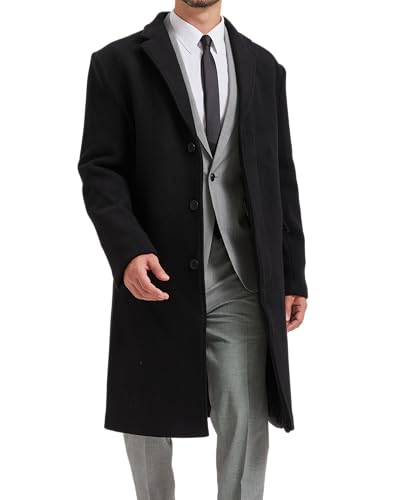 Image of Mens Black Wool Winter Overcoat - Cashmere Blend Bond Topcoat, Single Breasted Formal Dress Coat