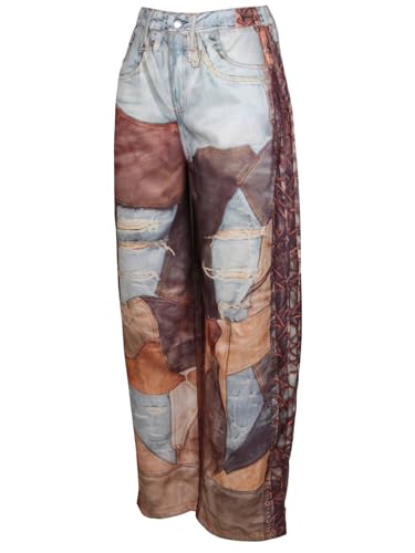 Faux Denim Printed Pants for Women Baggy Y2K Faux Denim Jeans Wide Leg Ripped Elastic Waist Pants Casual Streetwear2