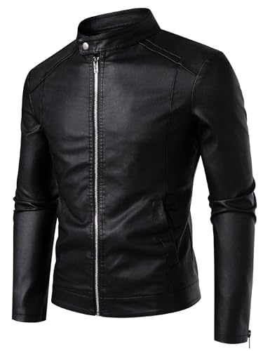 Leather Jackets for Men Faux Leather Stand Collar Motorcycle Bomber Jacket2