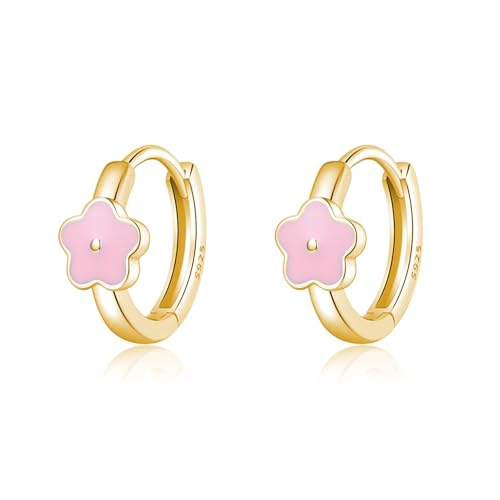 SLUYNZ Solid 925 Sterling Silver Pink Flower Earrings Hoop for Women Teens Cute Flower Hoop Earrings Huggie