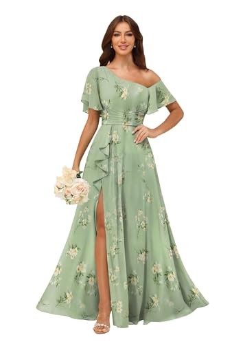 Image of One Shoulder Bridesmaid Dresses for Women with Pockets Short Sleeve Ruffled Chiffon Formal Evening Gowns