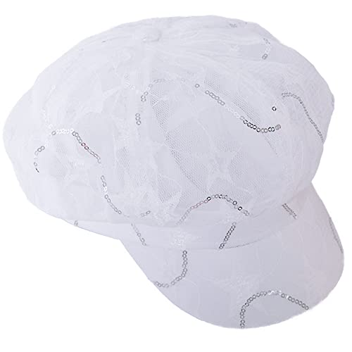 Hunterbee Women Summer Sparkly Sequin Newsboy Visor Beret Hats Mesh Sparkle Glitter Paperboy Cabbie Cap White #TOP30