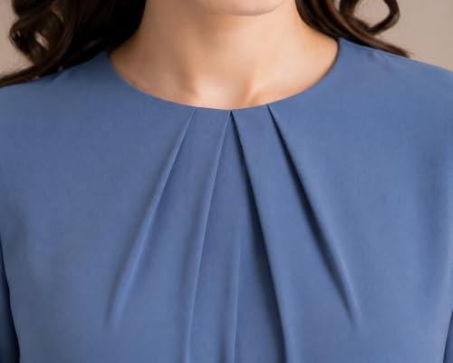 Image of Mirana Women's Full Sleeve Solid Top | Round Neck Pleated Front Regular Fit Office Casual Blouse with Button Cuffs