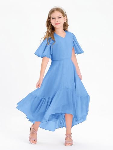 Girls Ruffle Dresses Casual A Line V Neck Short Sleeve Flowy High Low Long Maxi Junior Bridesmaid Party Dress2