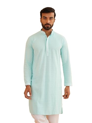 Image of Sojanya (Since 1958 Men'S Geometric Embroidered Thread Work Cotton Straight Long Kurta