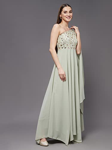 Image of Miss Chase Women's Dusty Green and Golden Solid Embellished Asymmetric Maxi Dress