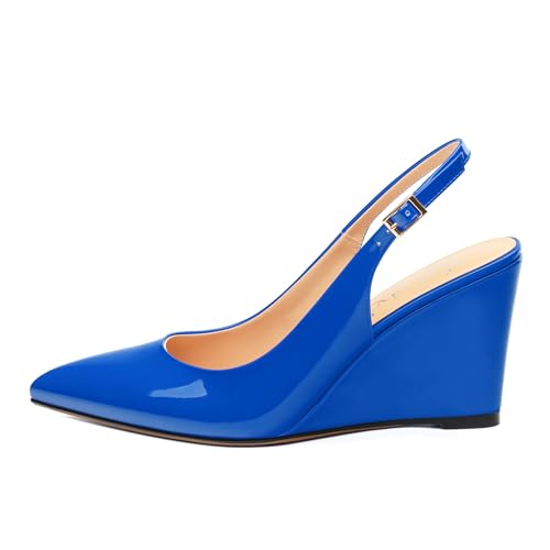 Womens Pointed Toe Wedge Heels Slingback Patent Comfortable Fashion Dating Wedge High Heel Pumps Shoes 3.35 Inch2