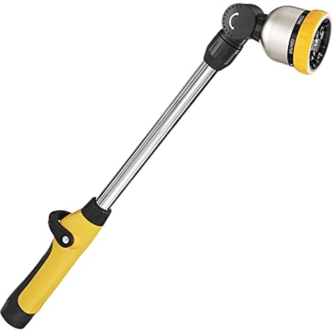 FANHAO 16 Inches Garden Watering Wand, 180° Rotating Head Hose Wand with Thumb Control Shut Off Valve 8 Patterns Heavy Duty Garden Hose Nozzle Yellow Cover