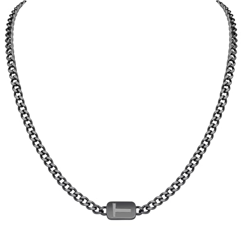 VNOX Silver/Gold/Black Initial Necklace for Men - A-Z Letter Necklaces Cuban Link Chain Pendant Neckless for Mens Womens Valentines Day Christmas Birthday Jewelry Gift Black T