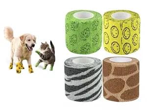 Image of Dog Bandage Cohesive Wrap for Paw & Leg | 5cm x 4.5m - Pack of 4 | Easy Tear, Fur Safe | Self Adhesive Elastic Vet Tape for Walking Protection, Wound Care & Licking Prevention Bandage Roll