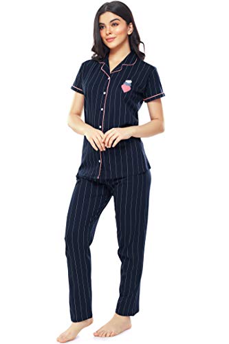 Image of ZEYO Women's Cotton Strip Printed Korean Night Suit Set of Shirt & Pajama Set (Available in Plus Size)