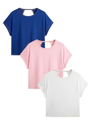 Image of RoseSeek Women's 3 Packs Open Back Tops T Shirt Criss Cross Cut Out Tee Short Sleeve Crewneck Summer Backless Tops