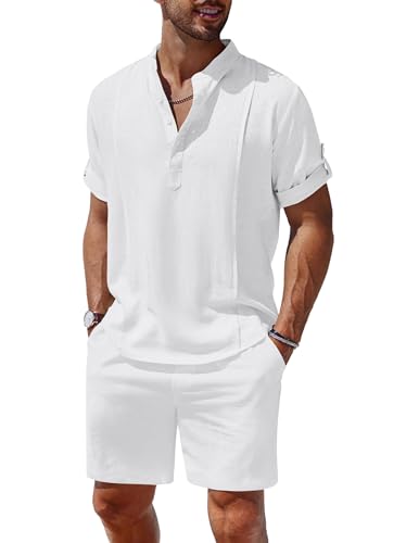 COOFANDY Men's 2 Pieces Linen Set Henley Shirt Short Sleeve and Shorts Summer Beach Yoga Matching Outfits