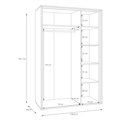 Forte WEXLIN Kleiderschrank 120 130, moderner Kleiderschrank, 2 Drehtüren, Kinder- und Jugendzimmer, Holzwerkstoff, Kaschmir|Beige|Mauvella Eiche Holzdekor, 126,3 cm breit x 193,7 cm hoch x 60 cm tief