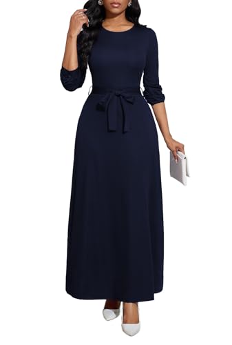 Image of BubFee Long Dress for Women Casual Long Sleeve Dresses Maxi Dress Empire Waist Loose with Belt