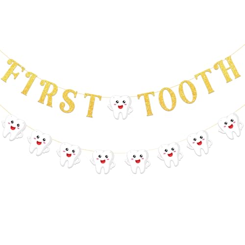 Bannière de premières dents pré-enfilée, guirlande de lettres dorées à paillettes, guirlande de dents de lait à suspendre pour première dent de bébé et décoration de fête prénatale pour garçons et